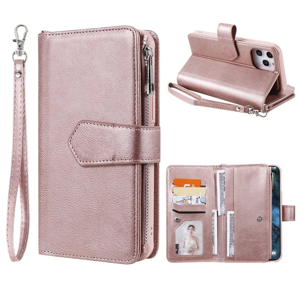 For iPhone 12 Pro Max Magnetic Leather Case Mobile Cover with Detachable Zipper Wallet Strap - Rose Gold - 1