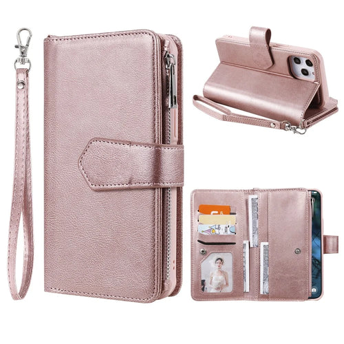 For iPhone 12 Pro Max Magnetic Leather Case Mobile Cover with Detachable Zipper Wallet Strap - Rose Gold - 1