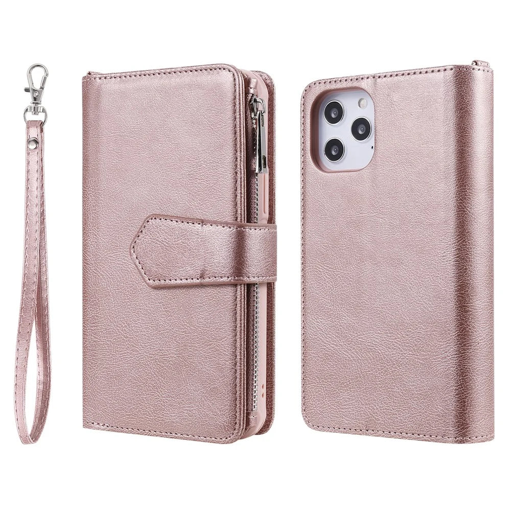 For iPhone 12 Pro Max Magnetic Leather Case Mobile Cover with Detachable Zipper Wallet Strap - Rose Gold - 2