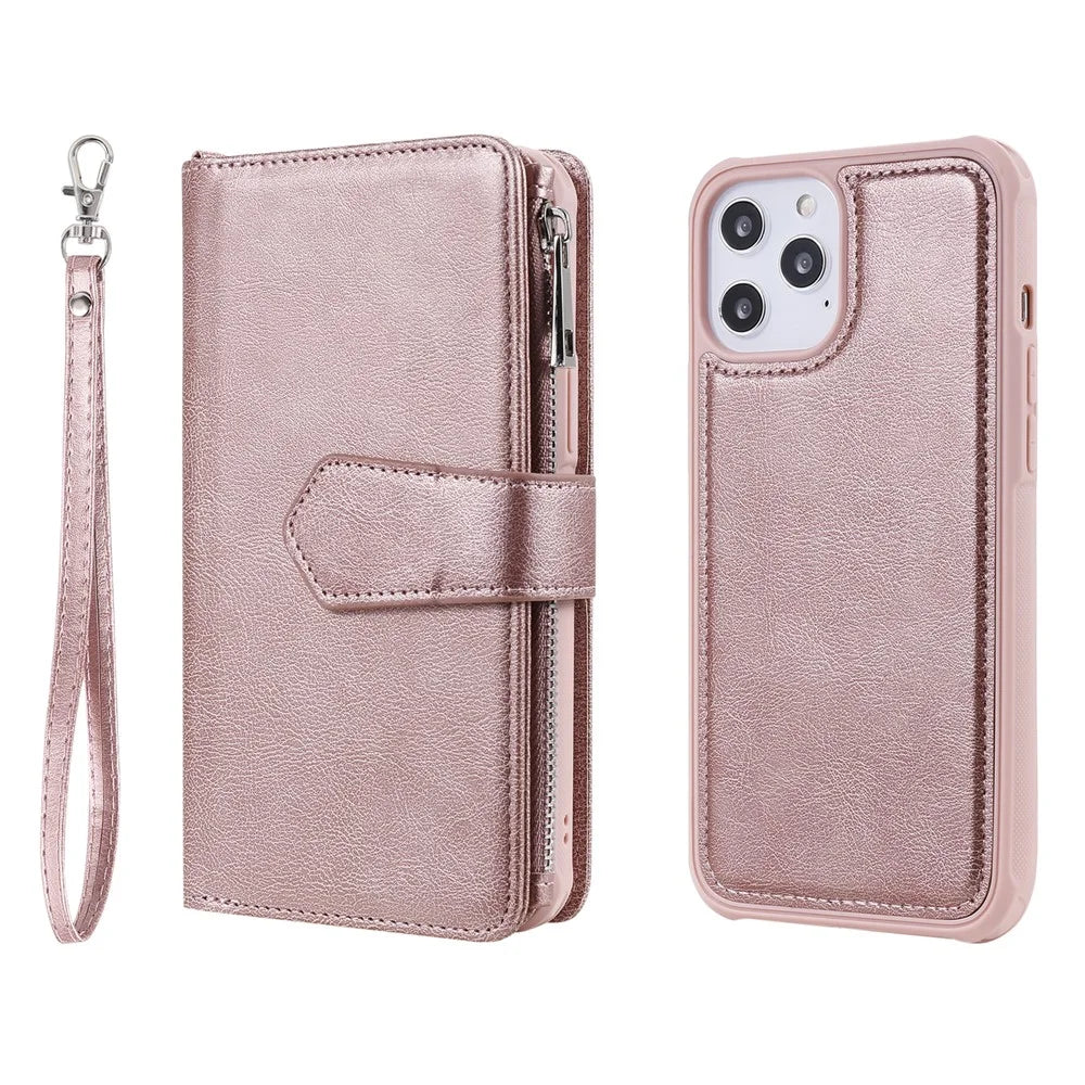 For iPhone 12 Pro Max Magnetic Leather Case Mobile Cover with Detachable Zipper Wallet Strap - Rose Gold - 3
