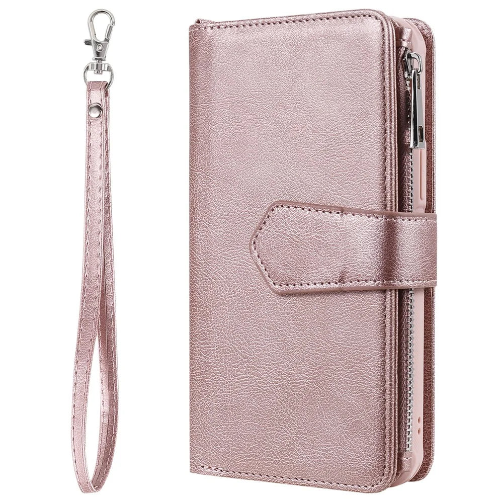 For iPhone 12 Pro Max Magnetic Leather Case Mobile Cover with Detachable Zipper Wallet Strap - Rose Gold - 4