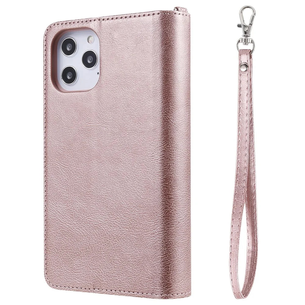 For iPhone 12 Pro Max Magnetic Leather Case Mobile Cover with Detachable Zipper Wallet Strap - Rose Gold - 5