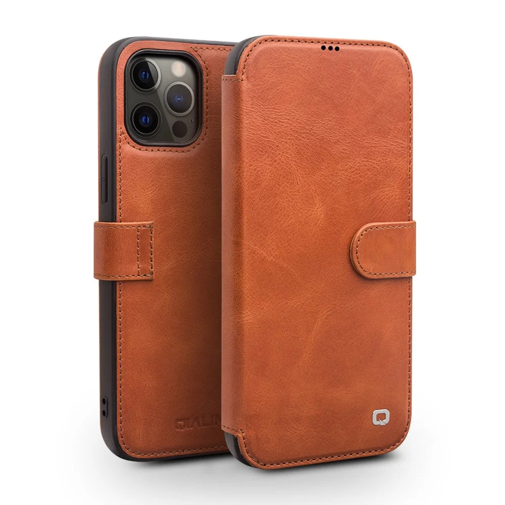 QIALINO For iPhone 12 Pro Max 6.7 inch Magnetic Clasp Cowhide Leather Wallet Case Stand Cover - Light Brown - 1