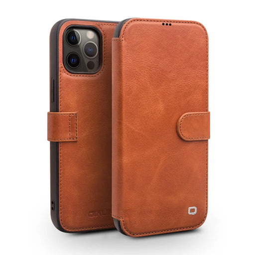 QIALINO For iPhone 12 Pro Max 6.7 inch Magnetic Clasp Cowhide Leather Wallet Case Stand Cover - Light Brown - 1