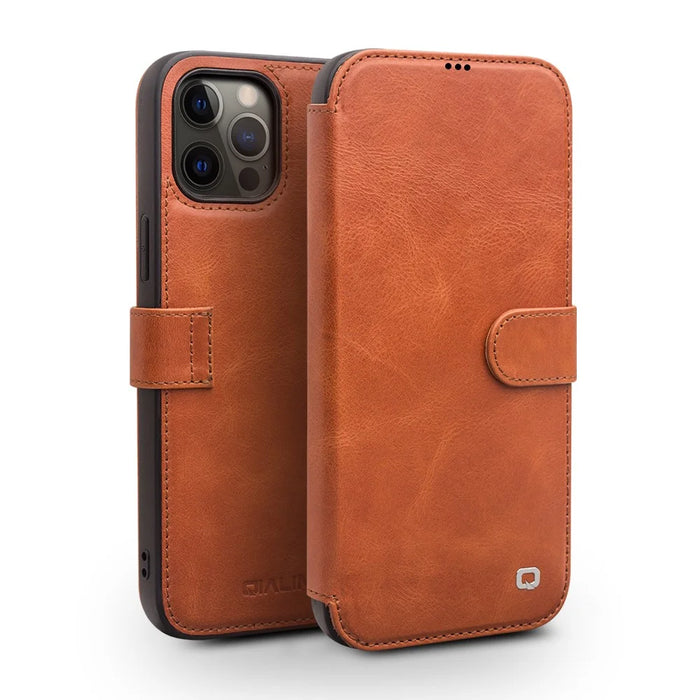 QIALINO For iPhone 12 Pro Max 6.7 inch Magnetic Clasp Cowhide Leather Wallet Case Stand Cover - Light Brown - 1