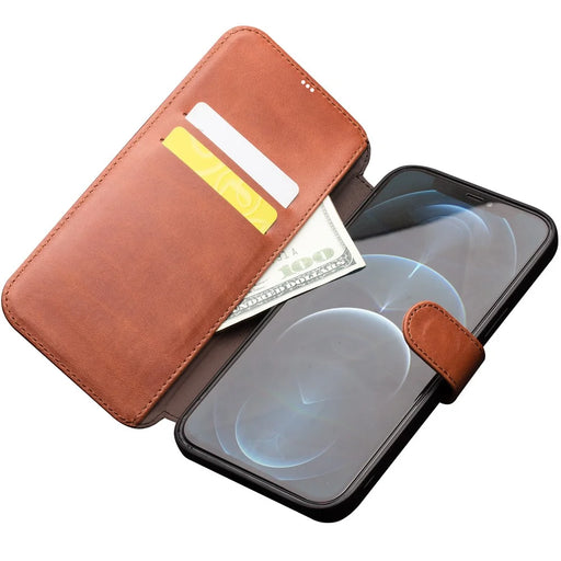 QIALINO For iPhone 12 Pro Max 6.7 inch Magnetic Clasp Cowhide Leather Wallet Case Stand Cover - Light Brown - 2
