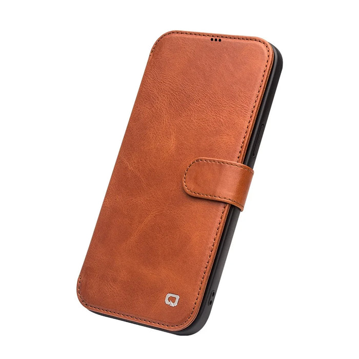 QIALINO For iPhone 12 Pro Max 6.7 inch Magnetic Clasp Cowhide Leather Wallet Case Stand Cover - Light Brown - 5