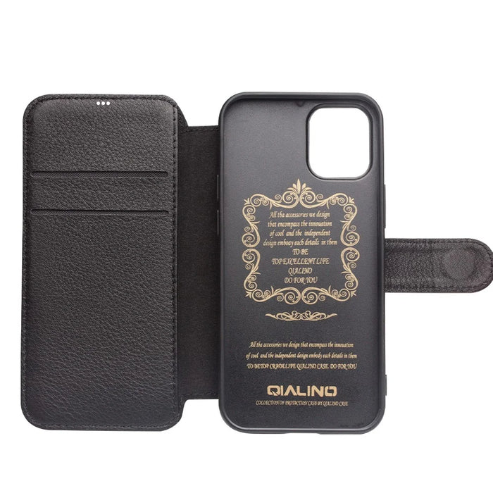 QIALINO Commercial Magnetic Clasp Top Cowhide Leather Case for iPhone 12 mini Cover - Black - 4