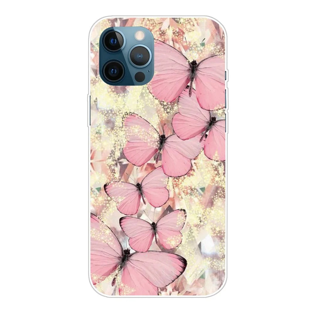 Pattern Printing Soft TPU Phone Case for iPhone 12/12 Pro Cover - Pink Butterflies - 1