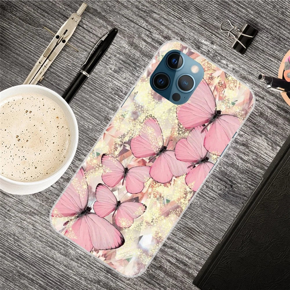 Pattern Printing Soft TPU Phone Case for iPhone 12/12 Pro Cover - Pink Butterflies - 2
