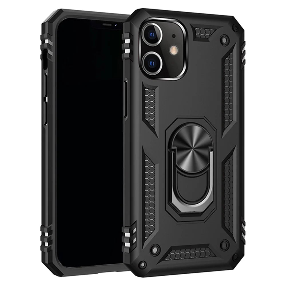 Anti-drop PC + TPU Hybrid Cell Phone Cover with Ring Kickstand for iPhone 12/12 Pro - Black - 1