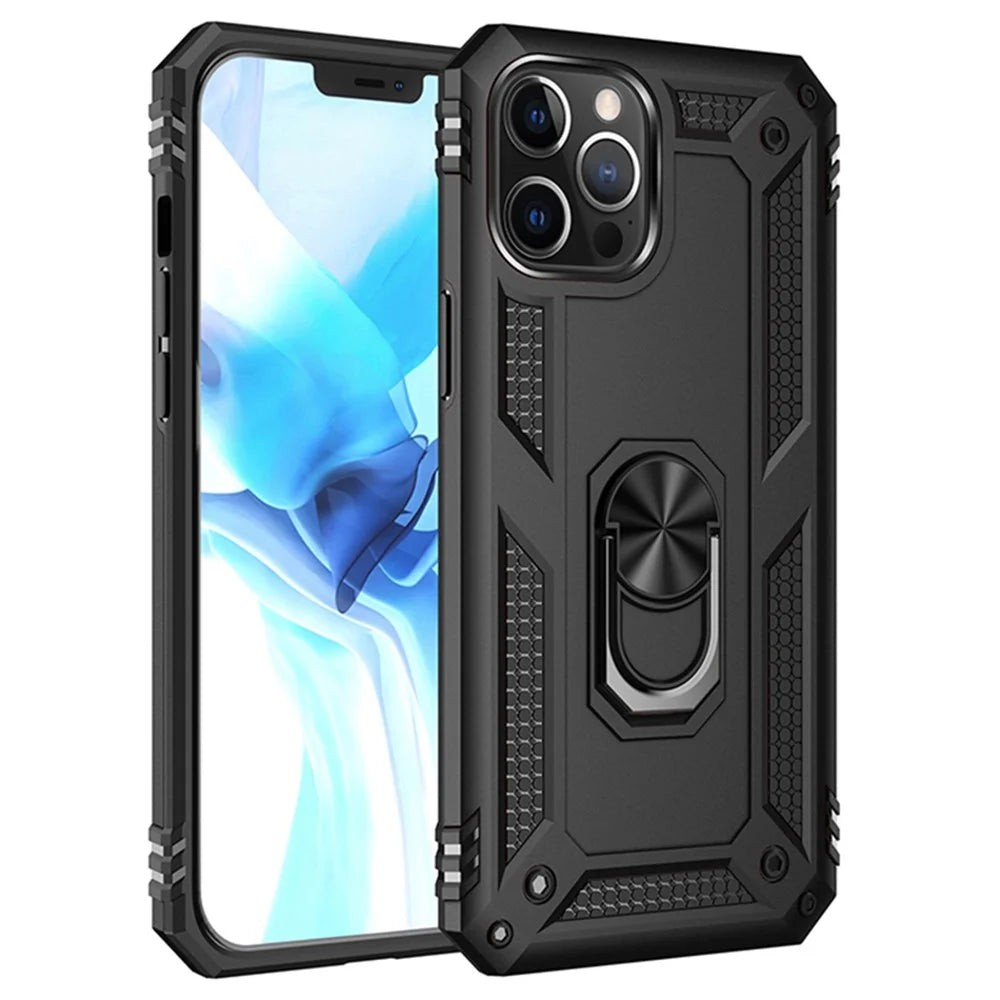 Ring Kickstand Armor Case PC TPU Combo Protective Cover for iPhone 12 Pro Max - Black - 1