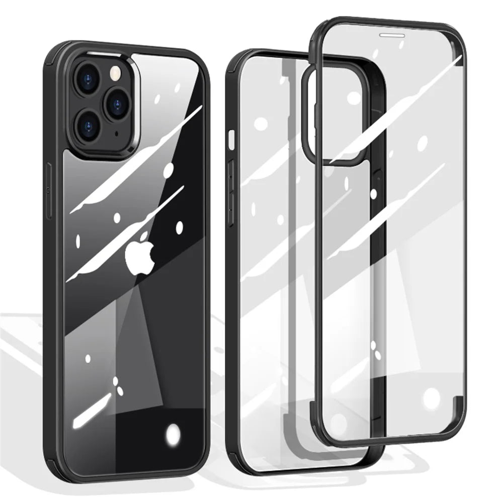 Double Sided Tempered Glass + TPU Hybrid Shell for iPhone 12 Pro/12 - Black - 1
