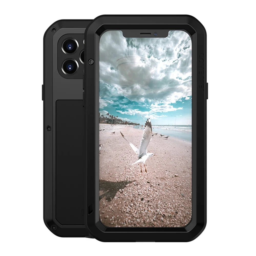 LOVE MEI Metal + Silicone Shockproof Dropproof Dustproof Case with Temepered Glass Film for iPhone 12 Pro Protector Cover - Black - 1