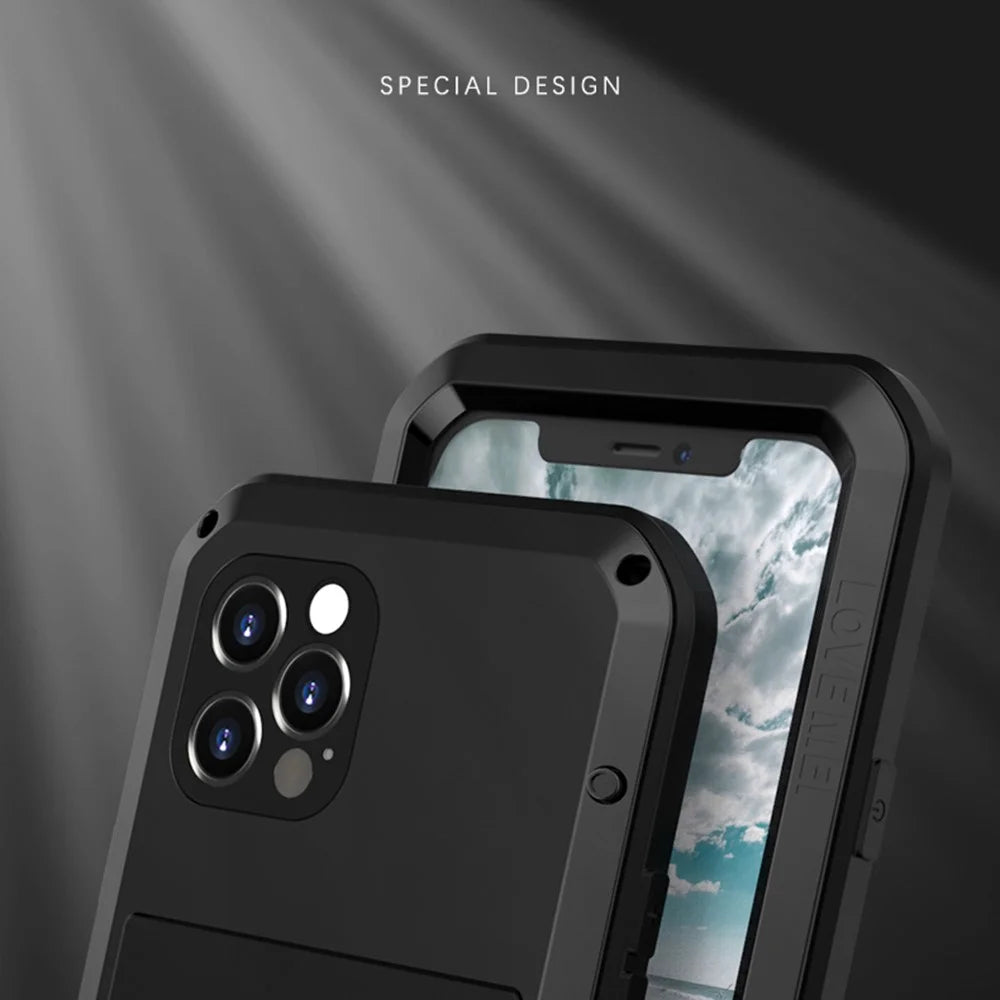 LOVE MEI Metal + Silicone Shockproof Dropproof Dustproof Case with Temepered Glass Film for iPhone 12 Pro Protector Cover - Black - 3