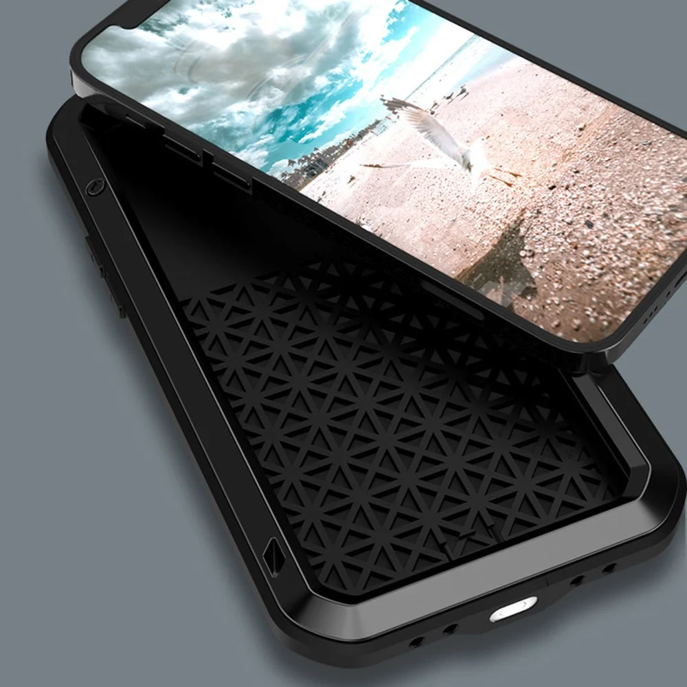 LOVE MEI Metal + Silicone Shockproof Dropproof Dustproof Case with Temepered Glass Film for iPhone 12 Pro Protector Cover - Black - 5