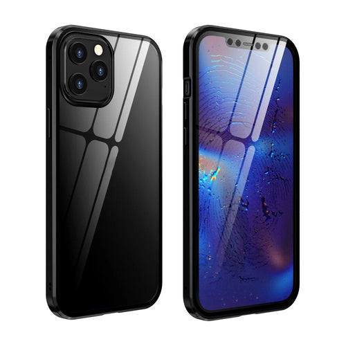 For iPhone 12/12 Pro Case Magnetic Installation Metal Edge + Double-sided Tempered Glass Cover - Black - 1