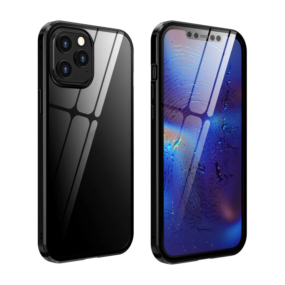 For iPhone 12/12 Pro Case Magnetic Installation Metal Edge + Double-sided Tempered Glass Cover - Black - 1