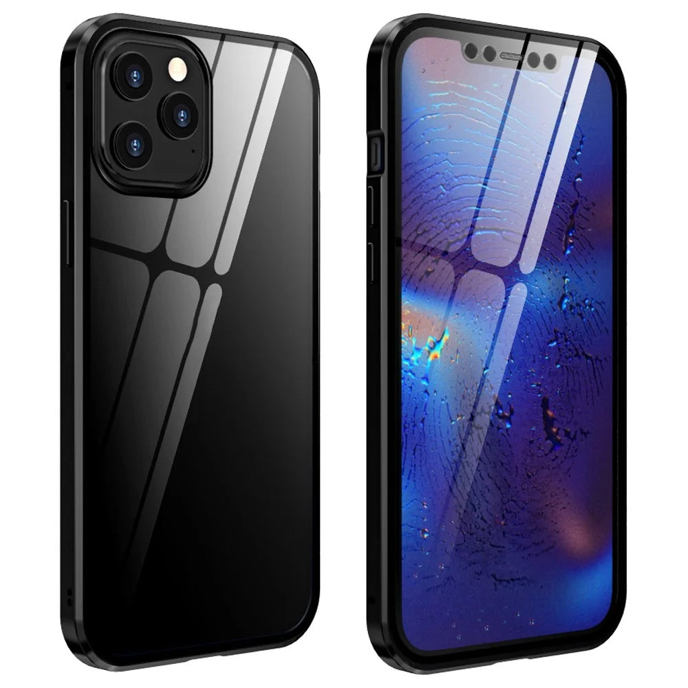 For iPhone 12 Pro Max Shell Magnetic Installation Metal Edge + Double-sided Tempered Glass Cover - Black - 1