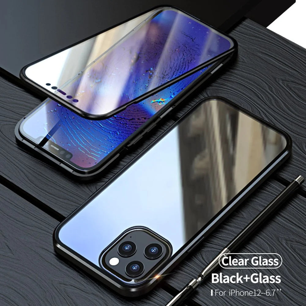 For iPhone 12 Pro Max Shell Magnetic Installation Metal Edge + Double-sided Tempered Glass Cover - Black - 2