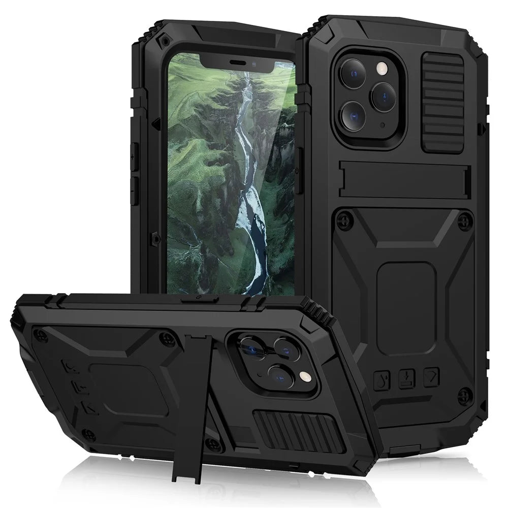 R-JUST Shockproof Dustproof Waterproof Protective Case for iPhone 12 Pro/12 Kickstand Shell - Black - 1