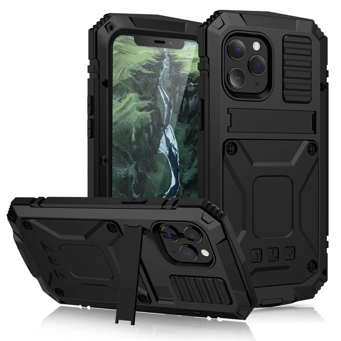R-JUST Shockproof Dustproof Waterproof Protective Case for iPhone 12 Pro/12 Kickstand Shell - Black - 1