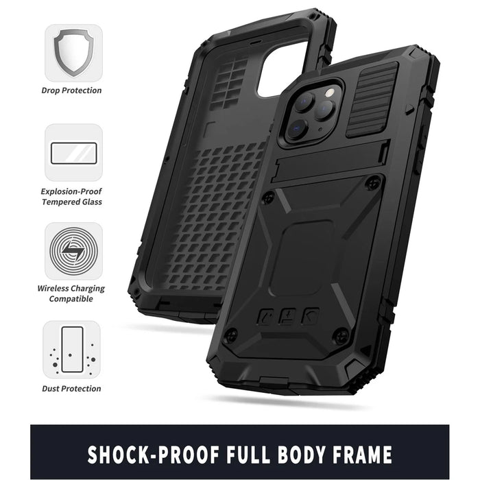 R-JUST Shockproof Dustproof Waterproof Protective Case for iPhone 12 Pro/12 Kickstand Shell - Black - 3
