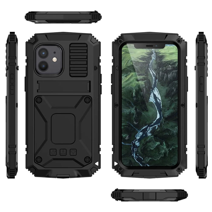R-JUST Shockproof Dustproof Waterproof Protector Cover for iPhone 12 mini Kickstand Shell - Black - 3