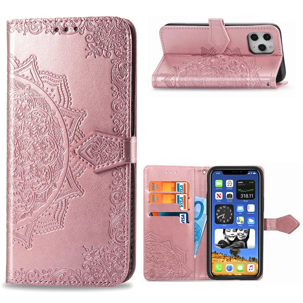 Embossed Mandala Flower Leather Wallet Stand Case for iPhone 12 Pro Max - Rose Gold - 1