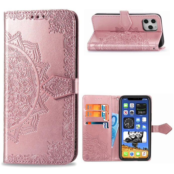 Embossed Mandala Flower Leather Wallet Stand Case for iPhone 12 Pro Max - Rose Gold - 1