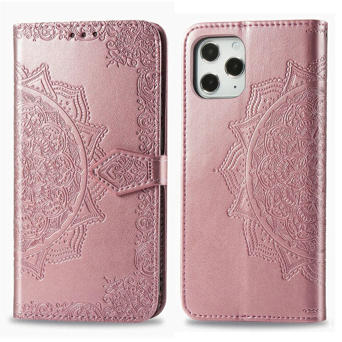 Embossed Mandala Flower Leather Wallet Stand Case for iPhone 12 Pro Max - Rose Gold - 3