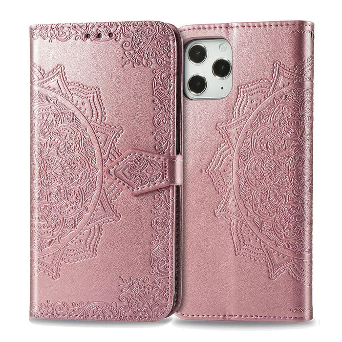 Embossed Mandala Flower Leather Wallet Stand Case for iPhone 12 Pro Max - Rose Gold - 4
