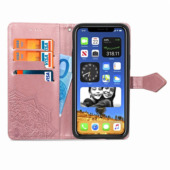 Embossed Mandala Flower Leather Wallet Stand Case for iPhone 12 Pro Max - Rose Gold - 5