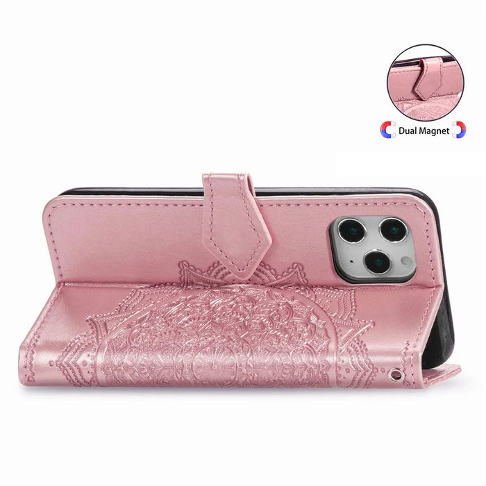 Embossed Mandala Flower Leather Wallet Stand Case for iPhone 12 Pro Max - Rose Gold - 7