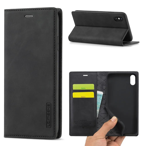 LC.IMEEKE Strong Magnetic Leather Wallet Stand Phone Protective Shell for iPhone X/XS - Black - 1