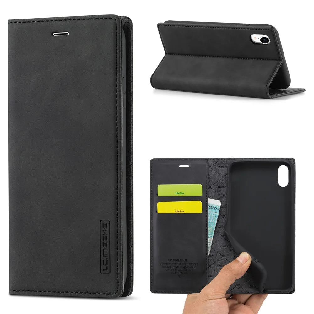 LC.IMEEKE TPU + PU Leather Strong Magnetic Phone Protective Shell for iPhone XR - Black - 1
