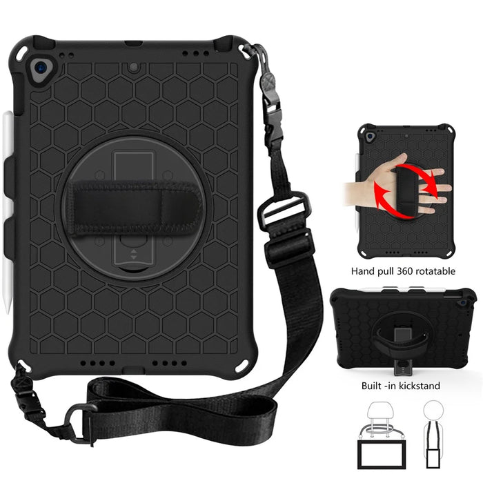 Honeycomb Texture Swivel Kickstand Shoulder Strap + Handy Strap Tablet Cover Case for iPad 10.2 (2021)/(2020)/(2019) - Black/Black - 1