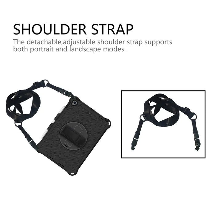 Honeycomb Texture Swivel Kickstand Shoulder Strap + Handy Strap Tablet Cover Case for iPad 10.2 (2021)/(2020)/(2019) - Black/Black - 2