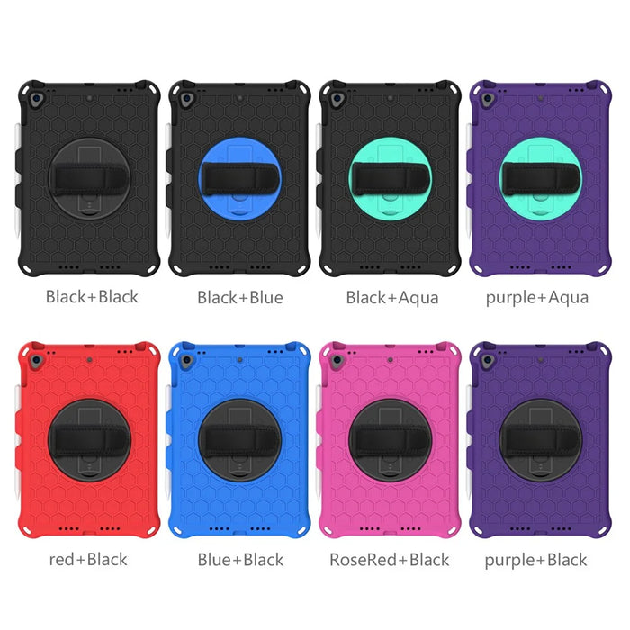 Honeycomb Texture Swivel Kickstand Shoulder Strap + Handy Strap Tablet Cover Case for iPad 10.2 (2021)/(2020)/(2019) - Black/Black - 3