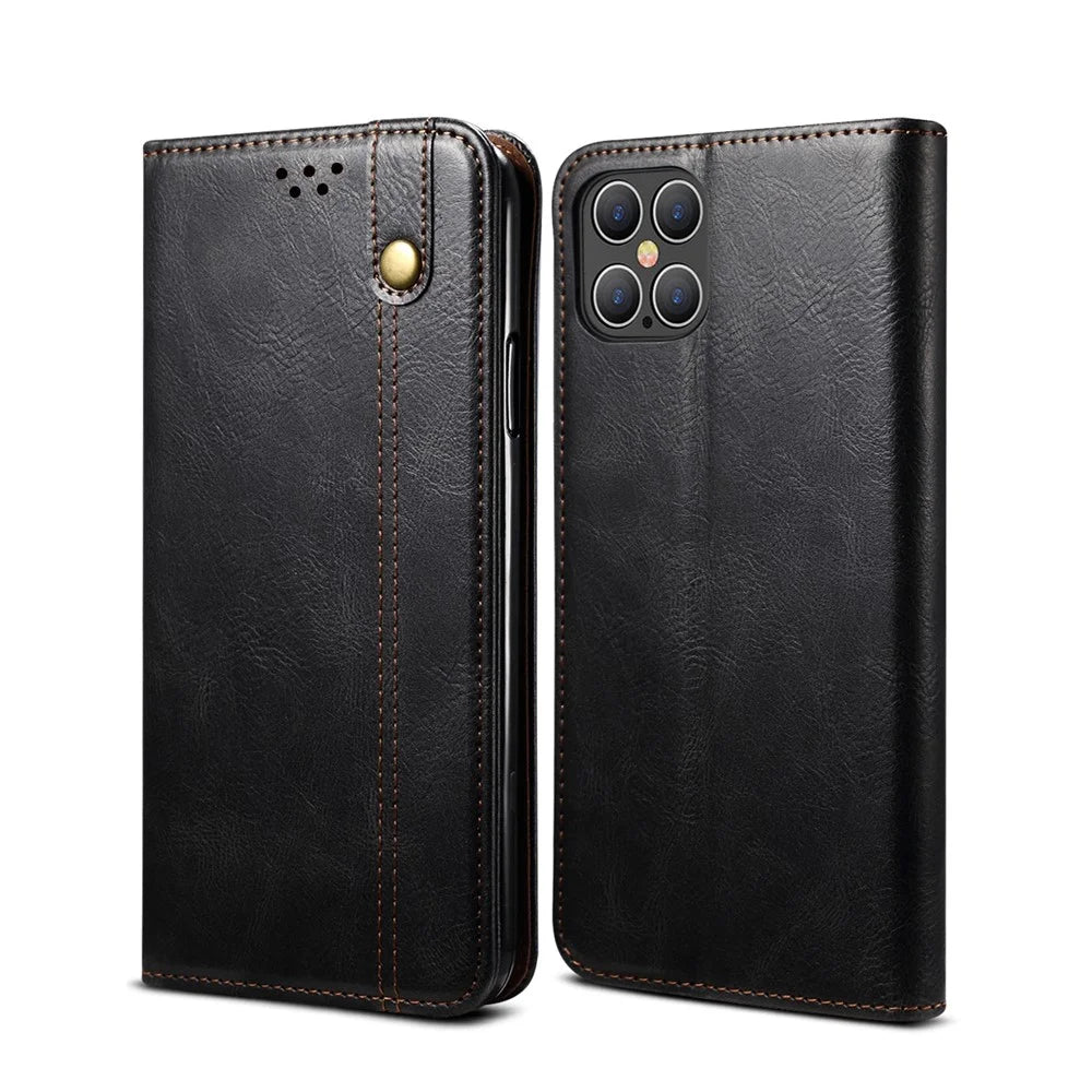 Waxy Crazy Horse Texture TPU + PU Leather Phone Cover Shell for iPhone 12/12 Pro - Black - 1