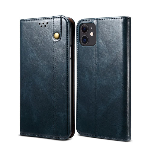 Leisure Style Waxy Crazy Horse Texture Phone Leather Cover Shell with Stand and Wallet for iPhone 12 mini - Blue - 1