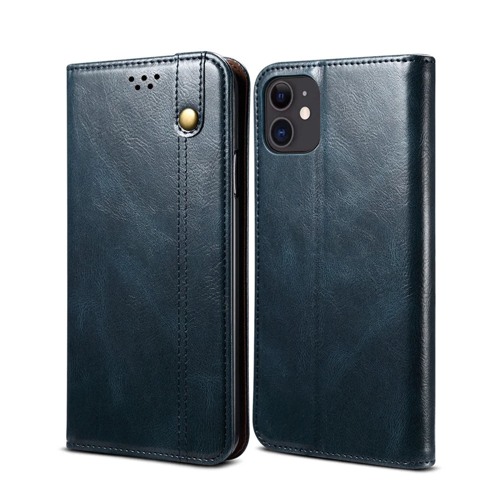Leisure Style Waxy Crazy Horse Texture Phone Leather Cover Shell with Stand and Wallet for iPhone 12 mini - Blue - 1