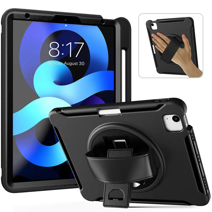 PC + TPU Cover Case with Pen Slot and 360° Swivel Kickstand Shell for iPad Air (2020)/Air (2022) - Black - 1