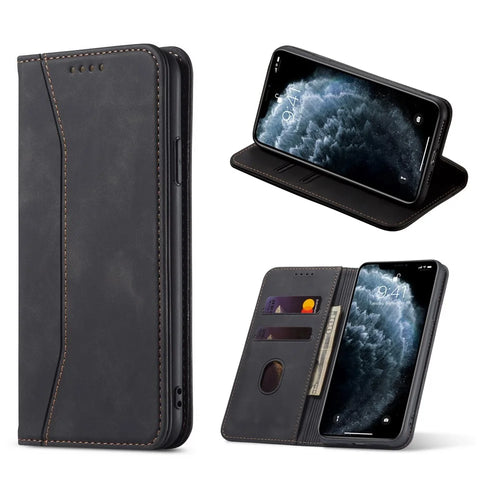 Fantasy Series Auto-absorbed Leather Wallet Stand Case for iPhone 12 Pro Max - Black - 1