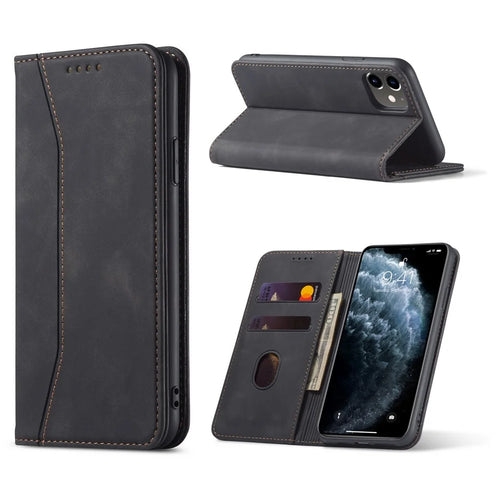 Fantasy Series Auto-absorbed Leather Wallet Stand Case for iPhone 12 Pro / iPhone 12 - Black - 1