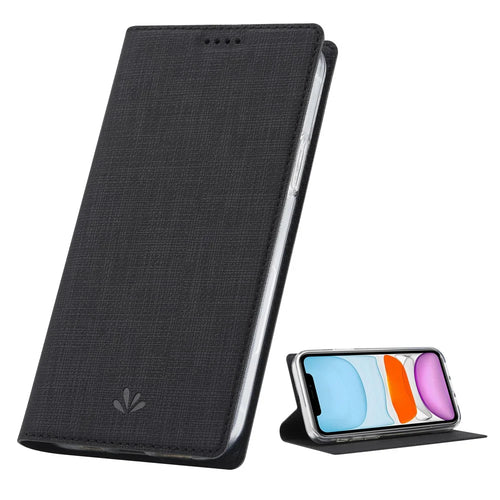 VILI DMX Auto-Absorbed Plain Cross Texture Leather Phone Cover Case with Card Holder for iPhone 12/12 Pro - Black - 1