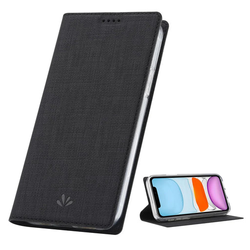 VILI DMX Auto-Absorbed Plain Cross Texture Leather Phone Cover Case with Card Holder for iPhone 12/12 Pro - Black - 1