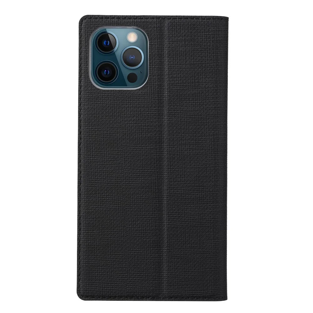VILI DMX Auto-Absorbed Plain Cross Texture Leather Phone Cover Case with Card Holder for iPhone 12/12 Pro - Black - 3
