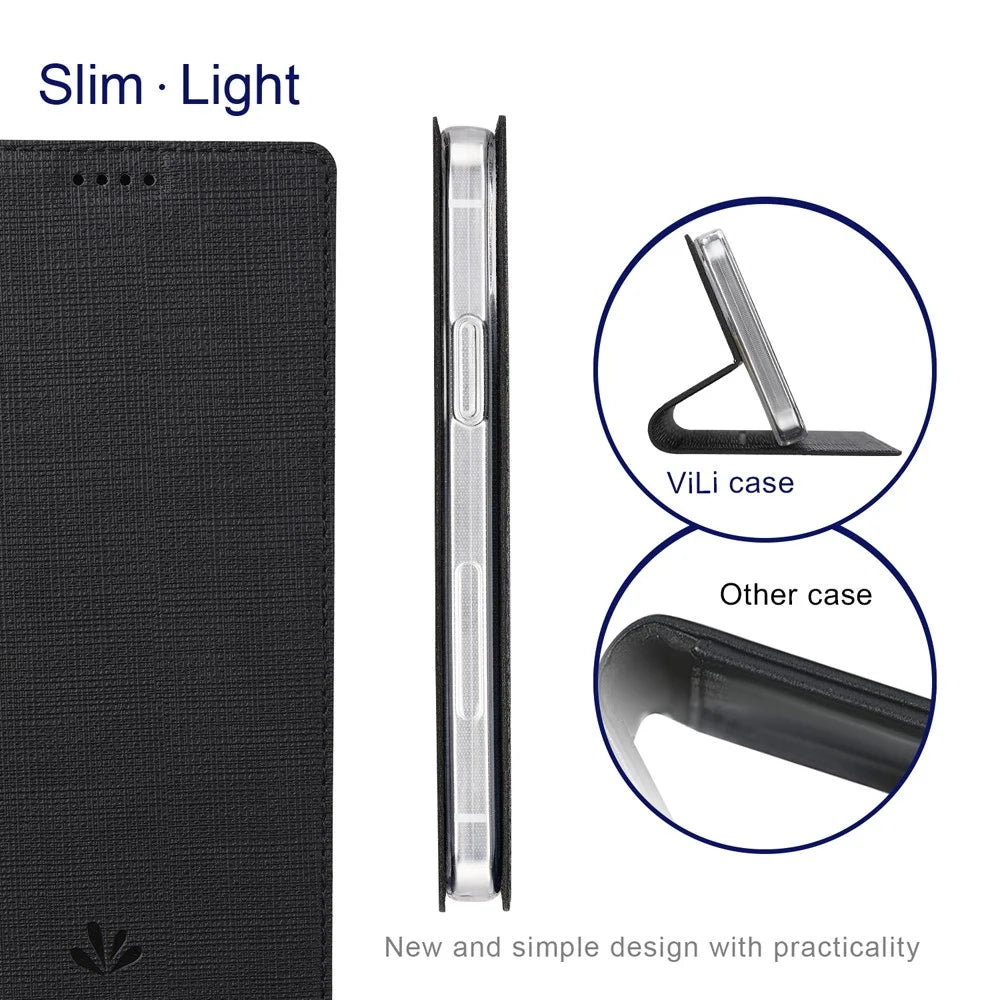 VILI DMX Auto-Absorbed Plain Cross Texture Leather Phone Cover Case with Card Holder for iPhone 12/12 Pro - Black - 4