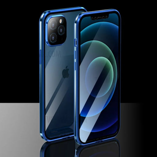 LUPHIE Mobile Phone Bag Cover Plating Magnetic Metal Frame Double-sided Tempered Glass Phone Shell for iPhone 12 Pro Max - Blue - 1